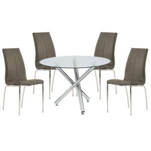 Kansas Round Glass Dining Table With 4 Grey Leather Chairs