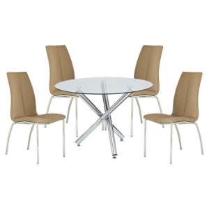 Kecota Round Glass Dining Table With 4 Stone Leather Chairs