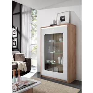 Kemble Wide Glass Display Cabinet In Oak And White With LED