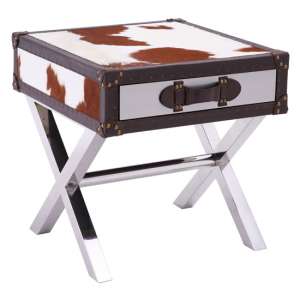 Kensick Cowhide Leather Side Table In Brown And White