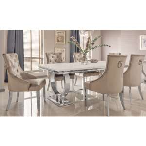 Kesley Large Cream Marble Dining Table 6 Enmore Champagne Chairs