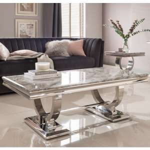 Kesley Coffee Table In Grey Marble Top And Stainless Steel Base