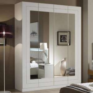 Kinsella Mirrored Wardrobe In Laquered White With Four Doors