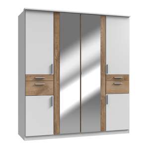 Koblenz Mirrored Wide 6 Doors Wardrobe In White And Planked Oak