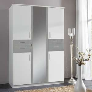 Koblenz Mirrored Wardrobe In White And Light Grey With 4 Drawers