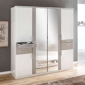 Koblenz Mirrored Wide 6 Doors Wardrobe In White And Light Grey