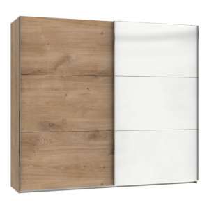 Koyd Mirrored Sliding Wide Wardrobe In White And Planked Oak