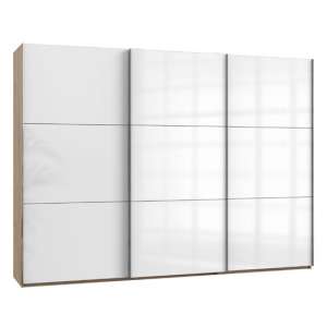 Koyd Wooden Sliding Wardrobe In White And Planked Oak 3 Doors
