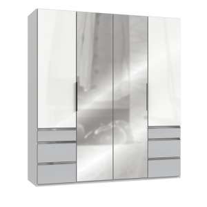 Kraz Mirrored 4 Doors Wardrobe In High Gloss White Light Grey