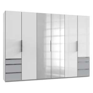 Kraz Mirrored 6 Doors Wardrobe In High Gloss White Light Grey