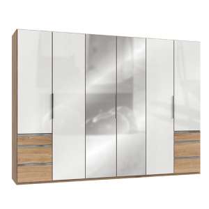 Kraz Mirrored 6 Doors Wardrobe In Gloss White And Planked Oak
