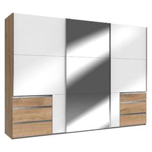Kraz Mirrored Sliding 3 Door Wardrobe In Gloss White Planked Oak