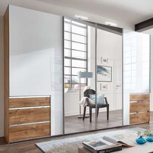 Kraz Mirrored Sliding 4 Door Wide Wardrobe In Gloss White Oak