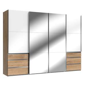 Kraz Mirrored Sliding 4 Door Wardrobe In Gloss White Planked Oak