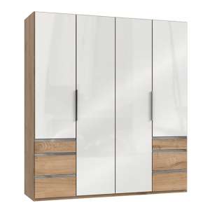 Kraz Wooden 4 Doors Wardrobe In Gloss White And Planked Oak