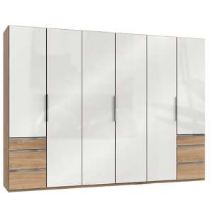 Kraz Wooden 6 Doors Wardrobe In Gloss White And Planked Oak