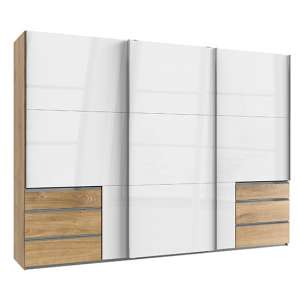 Kraz Wooden Sliding 3 Doors Wardrobe In Gloss White Planked Oak