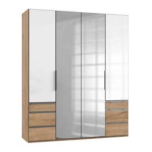 Kraza Mirrored 4 Doors Wardrobe In Gloss White And Planked Oak