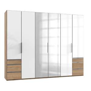 Kraza Mirrored 6 Doors Wardrobe In Gloss White And Planked Oak