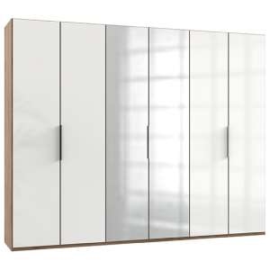 Kraza Mirrored Wardrobe In Gloss White Planked Oak With 6 Doors
