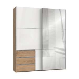 Kraza Sliding Door Mirrored Wardrobe In Gloss White Planked Oak