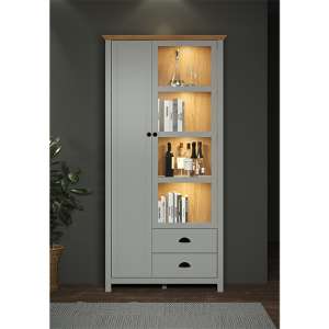 Lajos Wooden Tall Display Cabinet In Light Grey With LED Lights