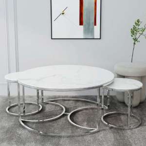 Lanica Marble Nest Of 3 Tables With Silver Metal Base