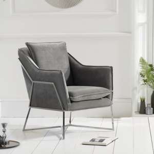 Larne Velvet Accent Chair In Grey With Chrome Frame