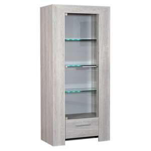 Lathi LED Display Cabinet In Grey Oak With 1 Door 1 Drawer