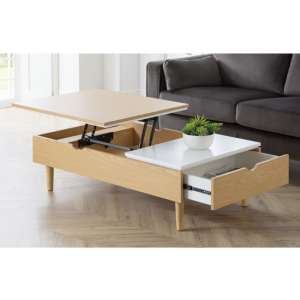 Laina Lift-Up Storage Coffee Table In White High Gloss And Oak