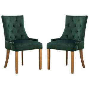 Lauren Dark Green Velvet Dining Chairs With Oak Legs In A Pair