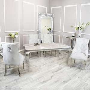 Laval Ivory Smoke Marble Dining Table 4 Dessel Light Grey Chairs
