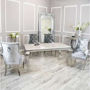 Laval Ivory Smoke Marble Dining Table 6 Dessel Pewter Chairs