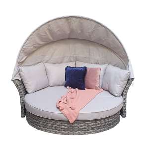 Lavey Weave Half Round Day Bed In Grey With Beige Cushions