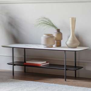 Leadwort 120cm Wooden Coffee Table In White Marble Effect