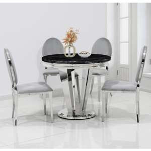 Leming Black Marble Dining Table 4 Holyoke Light Grey Chairs