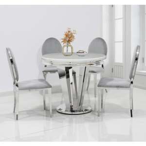 Leming Cream Marble Dining Table 4 Holyoke Light Grey Chairs