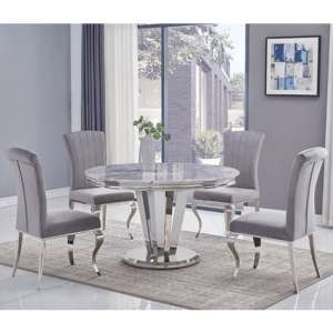Leming Round Grey Marble Dining Table With 4 Liyam Grey Chairs