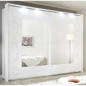 Lerso LED Mirrored Sliding Door Wardrobe In Serigraphed White