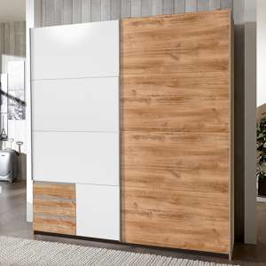 Limoni Sliding Wooden Wardrobe In Planked Oak And White