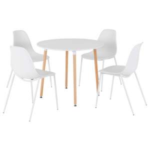 Laggan Wooden Round Dining Set With 4 White Plastic Chairs