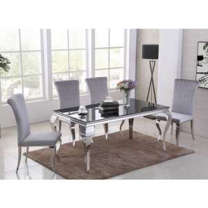 Liyam Black Glass Top Dining Table With 4 Grey Chairs