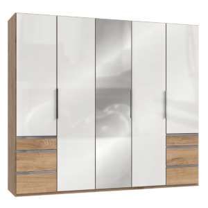 Lloyd Mirrored 5 Doors Wardrobe In Gloss White And Planked Oak