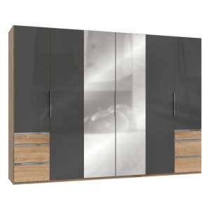 Lloyd Mirrored 6 Doors Wardrobe In Gloss Grey And Planked Oak