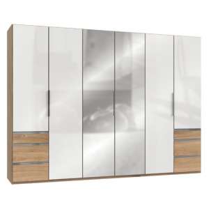 Lloyd Mirrored 6 Doors Wardrobe In Gloss White And Planked Oak