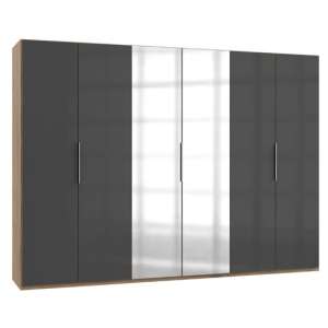 Lloyd Mirrored Wardrobe In Gloss Grey And Planked Oak 6 Doors