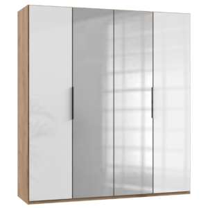 Lloyd Mirrored Wardrobe In Gloss White And Planked Oak 4 Doors