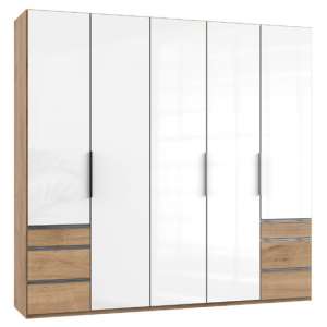 Lloyd Tall 5 Doors Wardrobe In Gloss White And Planked Oak