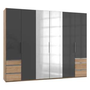 Lloyd Tall 6 Doors Mirror Wardrobe In Gloss Grey And Planked Oak