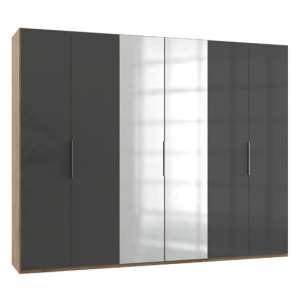 Lloyd Tall Mirror Wardrobe In Gloss Grey And Planked Oak 6 Doors